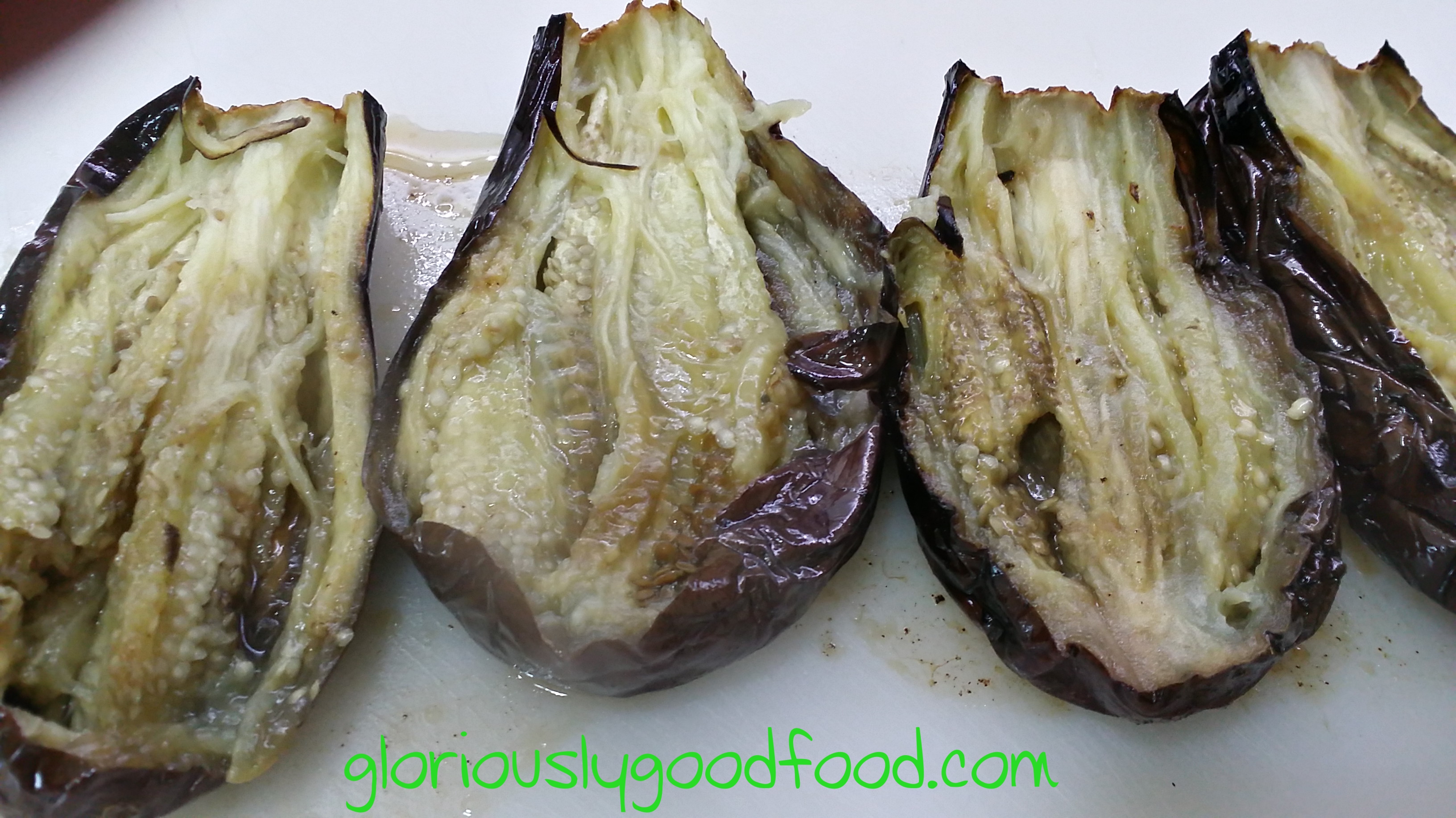 Sliced roasted aubergines for Baba Ganoush